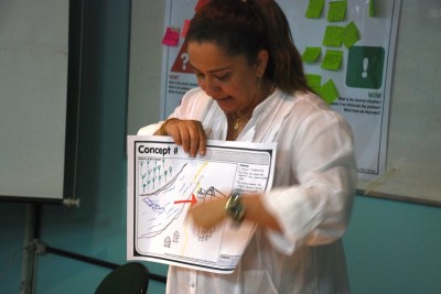 A workshop participants shows her team's concept sketch.